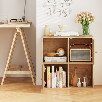 COSTWAY 4-Cube Bookcase 3-Tier Bookshelf Storage Organizer w/2 Cabinets-Natural