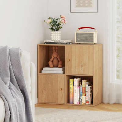 COSTWAY 4-Cube Bookcase 3-Tier Bookshelf Storage Organizer w/2 Cabinets-Natural