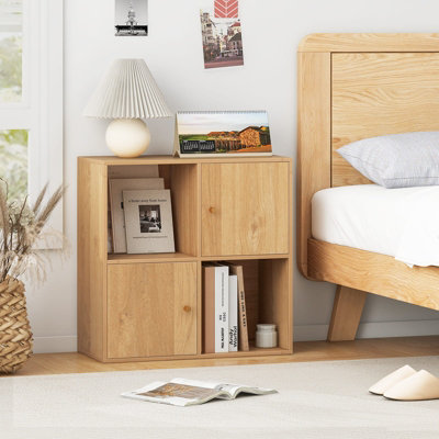 COSTWAY 4-Cube Bookcase 3-Tier Bookshelf Storage Organizer w/2 Cabinets-Natural