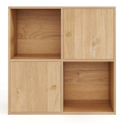 COSTWAY 4-Cube Bookcase 3-Tier Bookshelf Storage Organizer w/2 Cabinets-Natural