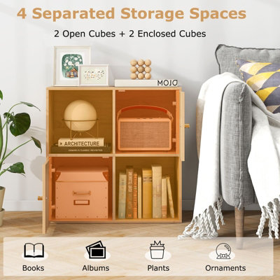 COSTWAY 4-Cube Bookcase 3-Tier Bookshelf Storage Organizer w/2 Cabinets-Natural