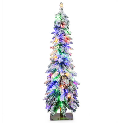 COSTWAY 4 FT Pre-Lit Artificial Christmas Tree Snow-Flocked Slim Pencil Christmas Tree