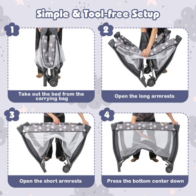 COSTWAY 4-in-1 Babybed, Draagbaar Bijzetbed, Reisbed Met Opvouwbaar Matras Luiertafel Luifel Speelboog En Muziekdoos Wieg Met Wieltjes Draagtas Voor Babys Tot 36 Maanden Grijs