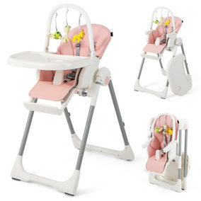 Costway 4-in-1 Baby High Chair Foldable Feeding Chair w/ 7 Heights 4 Reclining Angles Pink
