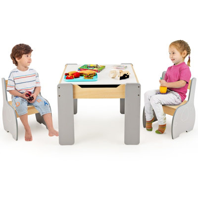 Costway 4 in 1 Kids Activity Table Chairs Wooden Children Furniture Set w Storage