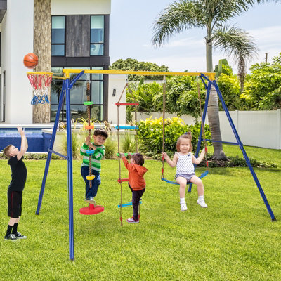 Costway 4-in-1 Kids Swing Set Outdoor Heavy-Duty Climbing Playset W/ Basketball Hoop