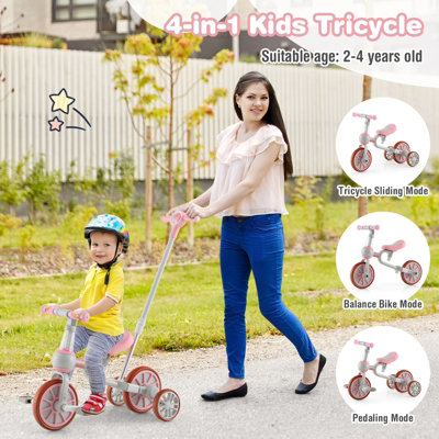 Costway 4 in 1 Kids Tricycle Toddler Balance Bike w Adjustable Parent Push Handle 4 Wheels DIY at B Q