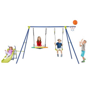 Costway 4-in-1 Outdoor Kids Swing Set Adjustable Saucer Swing w/ Slide & Basketball Hoop