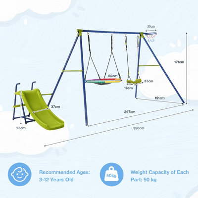 Costway 4-in-1 Outdoor Kids Swing Set Adjustable Saucer Swing w/ Slide & Basketball Hoop