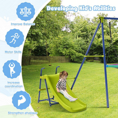 Costway 4-in-1 Outdoor Kids Swing Set Adjustable Saucer Swing w/ Slide & Basketball Hoop - 3