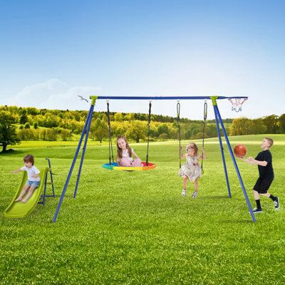 Costway 4-in-1 Outdoor Kids Swing Set Adjustable Saucer Swing w/ Slide & Basketball Hoop - 7