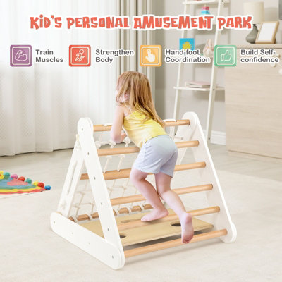Costway 4-in-1 Triangle Climbing Set Wooden Toddler Climber with Ramp Sliding Board - 3