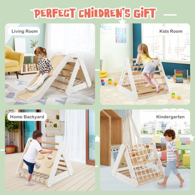 Costway 4-in-1 Triangle Climbing Set Wooden Toddler Climber with Ramp Sliding Board - 5