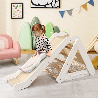 Costway 4-in-1 Triangle Climbing Set Wooden Toddler Climber with Ramp Sliding Board - 8