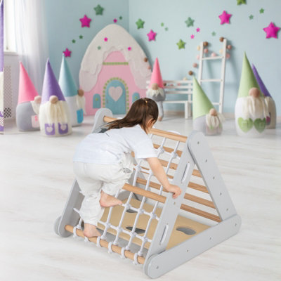 Costway 4-in-1 Triangle Climbing Set Wooden Toddler Climber with Ramp Sliding Board - 9