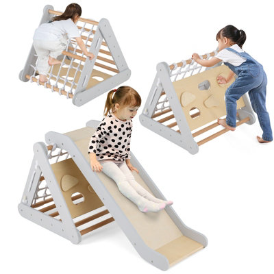 Costway 4-in-1 Triangle Climbing Set Wooden Toddler Climber with Ramp Sliding Board