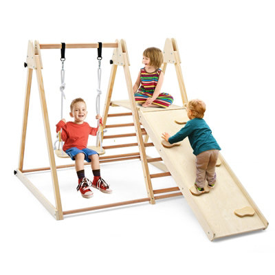 Costway 4 In 1 Wooden Indoor Jungle Gym Climbing Frame w Climber Slide Ladder Swing