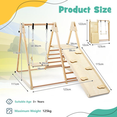 Costway 4-In-1 Wooden Indoor Jungle Gym Climbing Frame w/ Climber Slide Ladder Swing