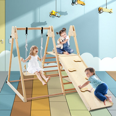 Costway 4-In-1 Wooden Indoor Jungle Gym Climbing Frame w/ Climber Slide Ladder Swing - 3
