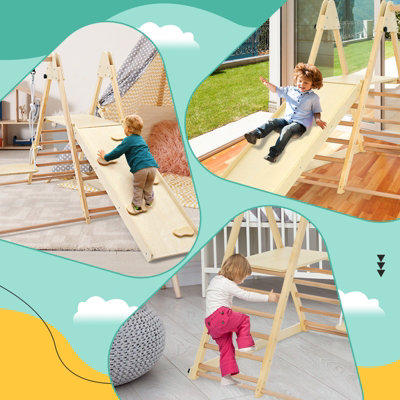 Costway 4-In-1 Wooden Indoor Jungle Gym Climbing Frame w/ Climber Slide Ladder Swing - 4
