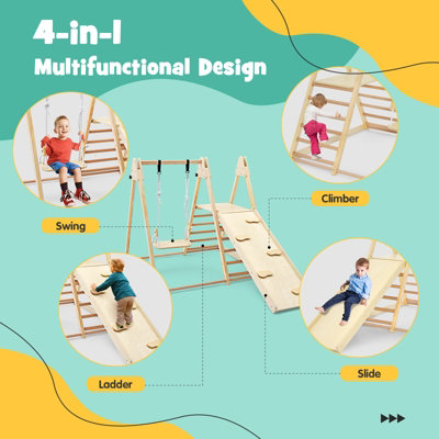 Costway 4-In-1 Wooden Indoor Jungle Gym Climbing Frame w/ Climber Slide Ladder Swing - 5