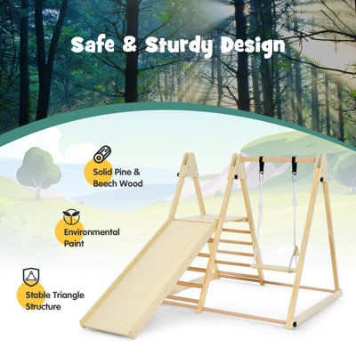 Costway 4-In-1 Wooden Indoor Jungle Gym Climbing Frame w/ Climber Slide Ladder Swing - 7