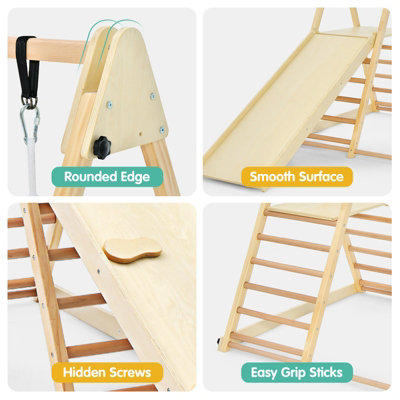 Costway 4-In-1 Wooden Indoor Jungle Gym Climbing Frame w/ Climber Slide Ladder Swing - 9