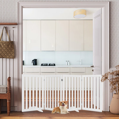Costway 4-Panel 89 cm Pet Barrier Wooden Freestanding Pet Safety Gate Step Over Fence