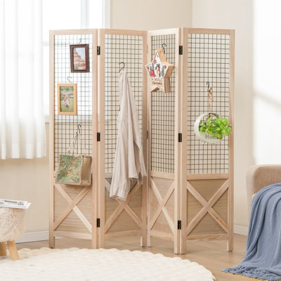 Costway 4-Panel Gridwall Display Stand Folding Privacy Screen Decorative Wood Room Divider
