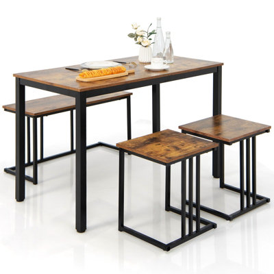 Costway 4 PCS Industrial Dining Table Chair Set Kitchen Table Bench 2 Stools
