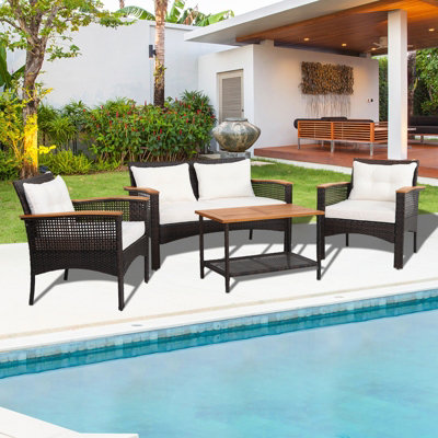 Costway 4 Pcs Outdoor Patio Furniture Set PE Rattan Patio Sofa Table Set