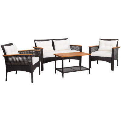 Costway 4 Pcs Outdoor Patio Furniture Set PE Rattan Patio Sofa Table Set
