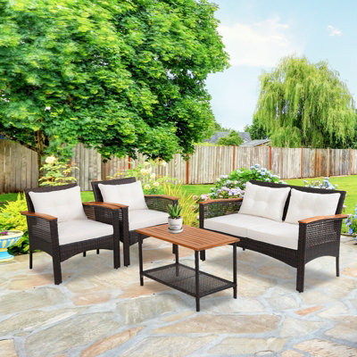 Costway 4 Pcs Outdoor Patio Furniture Set PE Rattan Patio Sofa Table Set - 4
