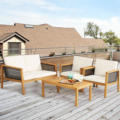 Costway 4 Pcs Patio Acacia Wood Furniture Set Outdoor Rattan Sofa Chair Table Set