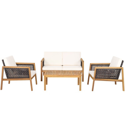 Costway 4 Pcs Patio Acacia Wood Furniture Set Outdoor Rattan Sofa Chair Table Set