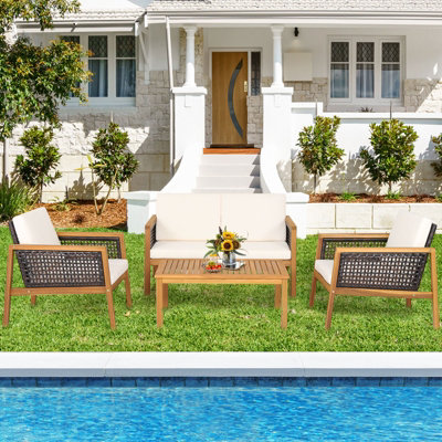 Costway 4 Pcs Patio Acacia Wood Furniture Set Outdoor Rattan Sofa Chair Table Set - 5