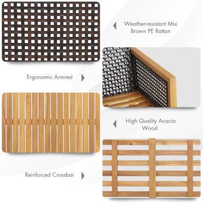 Costway 4 Pcs Patio Acacia Wood Furniture Set Outdoor Rattan Sofa Chair Table Set - 7