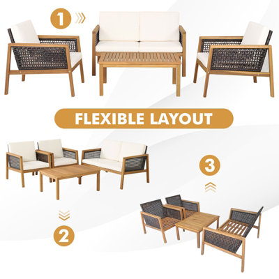 Costway 4 Pcs Patio Acacia Wood Furniture Set Outdoor Rattan Sofa Chair Table Set - 8