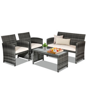 Costway 4 PCS Patio Furniture Set PE Rattan Outdoor Sofas w/ Cushions & Coffee Table