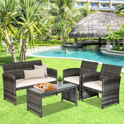 Costway 4 PCS Patio Furniture Set PE Rattan Outdoor Sofas w/ Cushions & Coffee Table - 3
