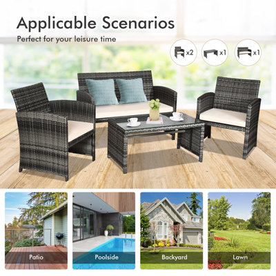 Costway 4 PCS Patio Furniture Set PE Rattan Outdoor Sofas w/ Cushions & Coffee Table - 7