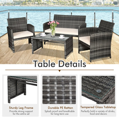 Costway 4 PCS Patio Furniture Set PE Rattan Outdoor Sofas w/ Cushions & Coffee Table - 8