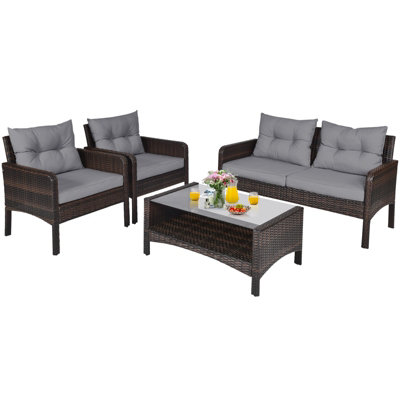 Costway patio rattan conversation set seat sofa cushioned loveseat glass table chairs hot sale