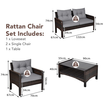 Costway 4 PCS PE Rattan Patio Conversation Set Outdoor Furniture Set w/ Glass Table