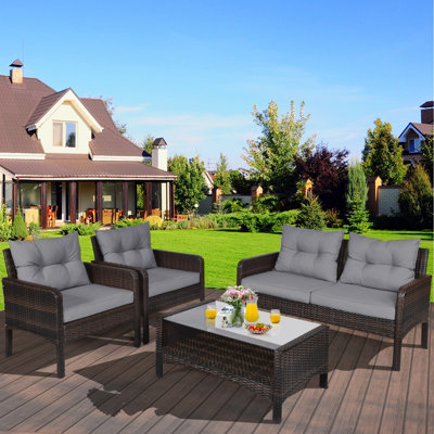 Costway 4 PCS PE Rattan Patio Conversation Set Outdoor Furniture Set w/ Glass Table - 3