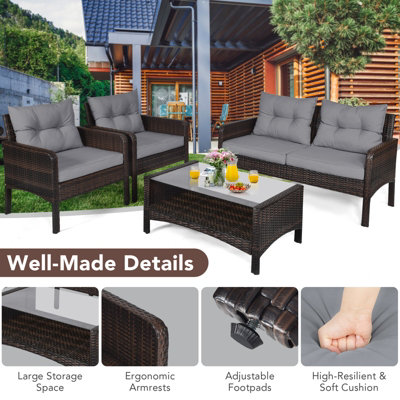Costway 4 PCS PE Rattan Patio Conversation Set Outdoor Furniture Set w/ Glass Table - 5