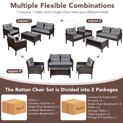 Costway 4 PCS PE Rattan Patio Conversation Set Outdoor Furniture Set w/ Glass Table - 6