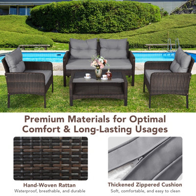 Costway 4 PCS PE Rattan Patio Conversation Set Outdoor Furniture Set w/ Glass Table - 7