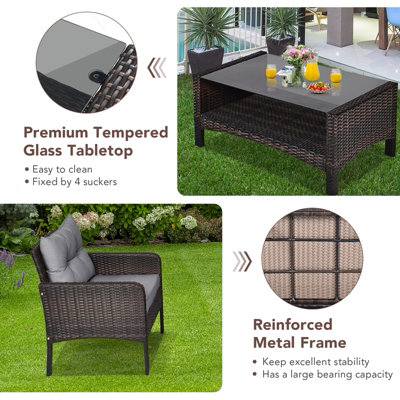Costway 4 PCS PE Rattan Patio Conversation Set Outdoor Furniture Set w/ Glass Table - 8