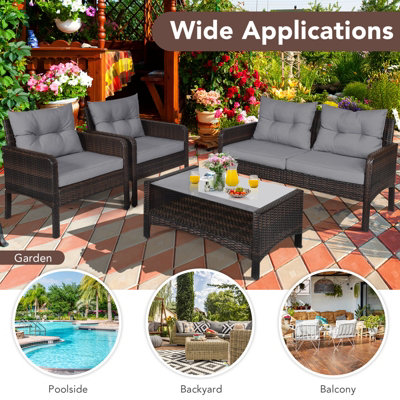 Costway 4 PCS PE Rattan Patio Conversation Set Outdoor Furniture Set w/ Glass Table - 9